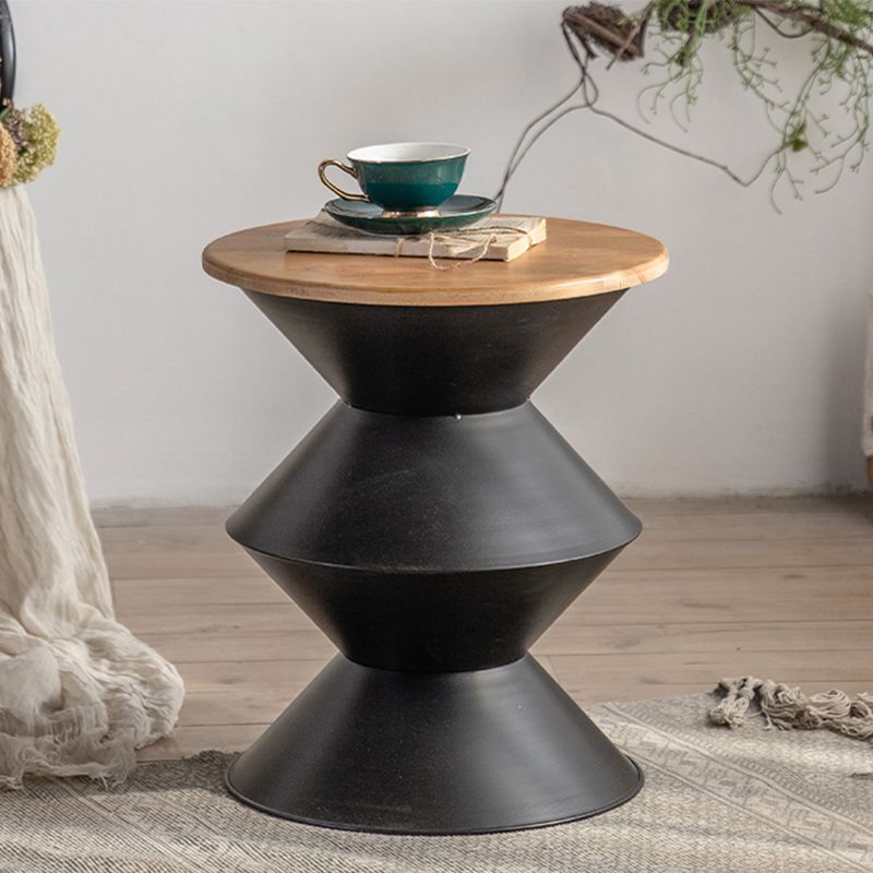 Round Solid Wood Top Coffee Table Iron Pedestal Cocktail Table