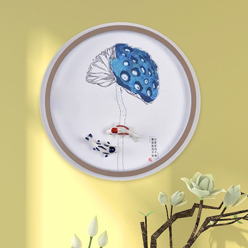 Watercolour Mountains/Fish Mural Lighting Chinese Style Iron Bedroom LED Wall Mount Light Fixture in White