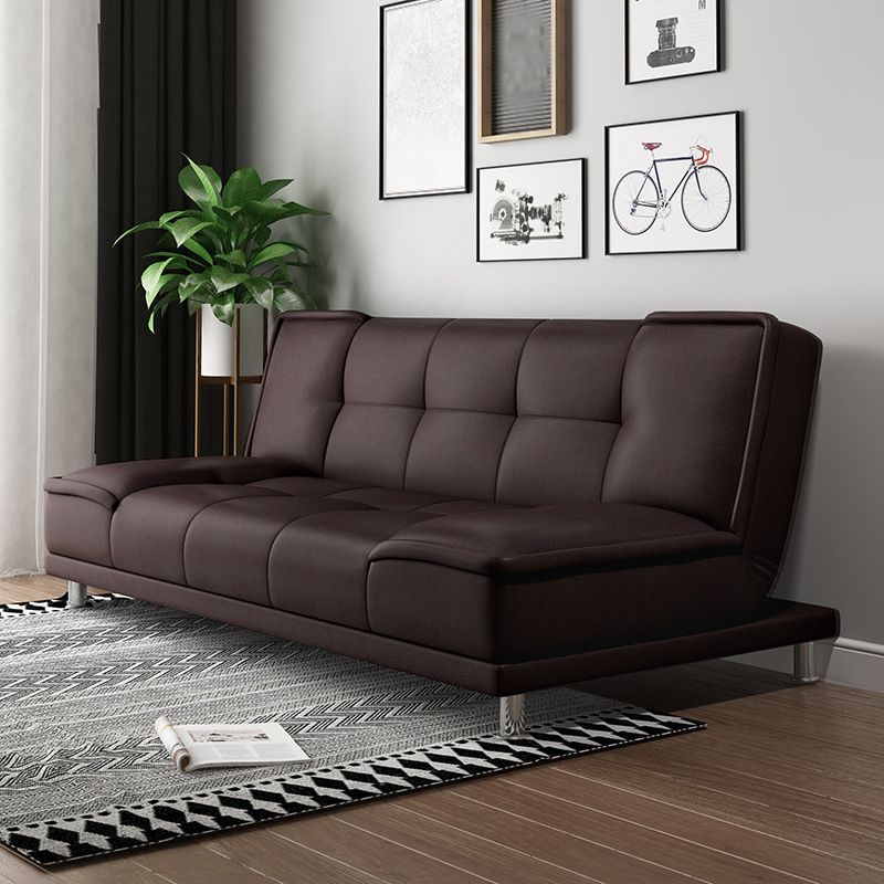 Linen and Faux Leather Sofa Couch Armless Biscuit Back Settee Couch