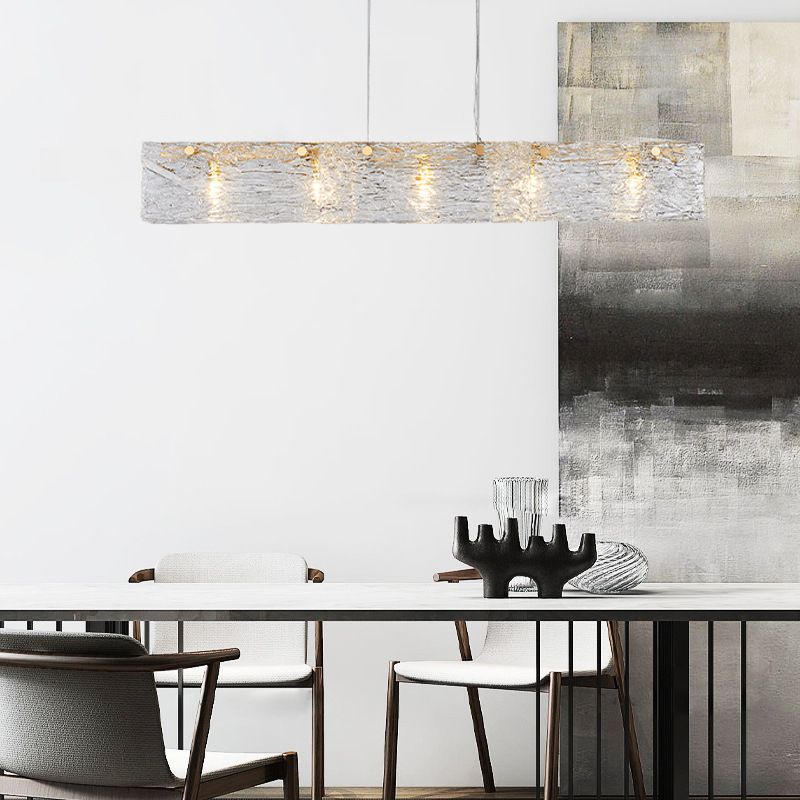 Rectangular Dining Room Hanging Lamp Rippled Glass 5-Light Minimalist Island Light
