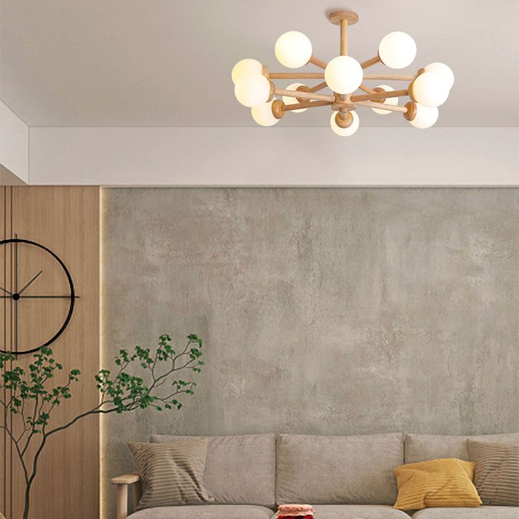 Wood Chandelier Nordic Style Pendant Lamp with White Glass Shade for Living Room