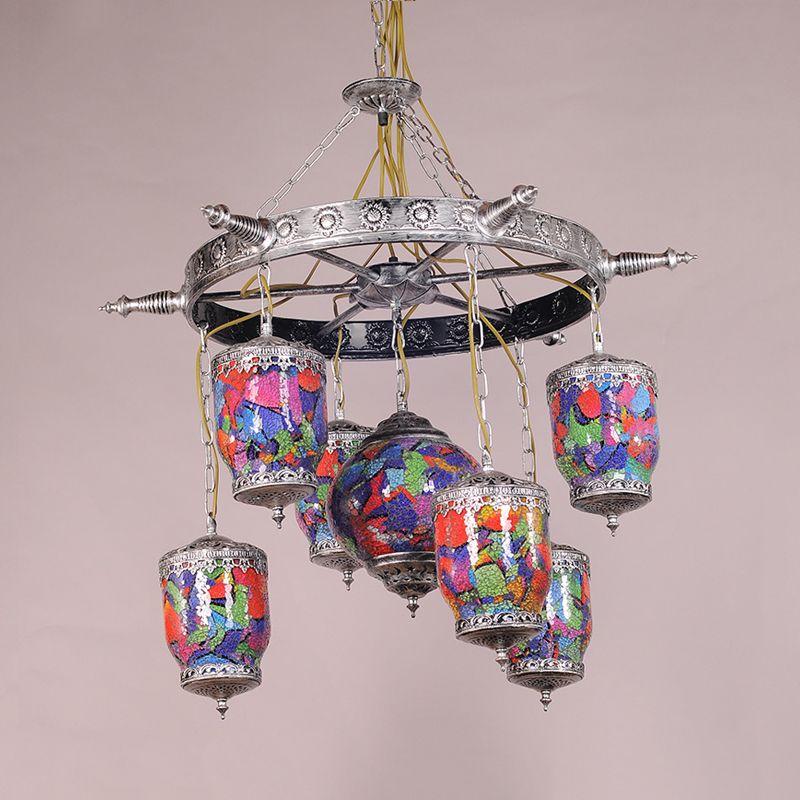 7 Bulbs Purple Glass Chandelier Pendant Art Deco Bronze Gyroscope Restaurant Hanging Lamp with Rudder Accent
