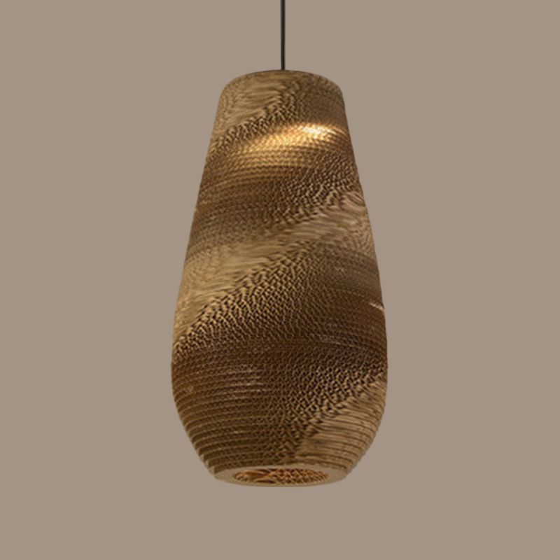 Paper Trapezoid/Vase Pendant Light Kit Country Style Single Brown Suspension Lamp, 10"/12"/15" Wide
