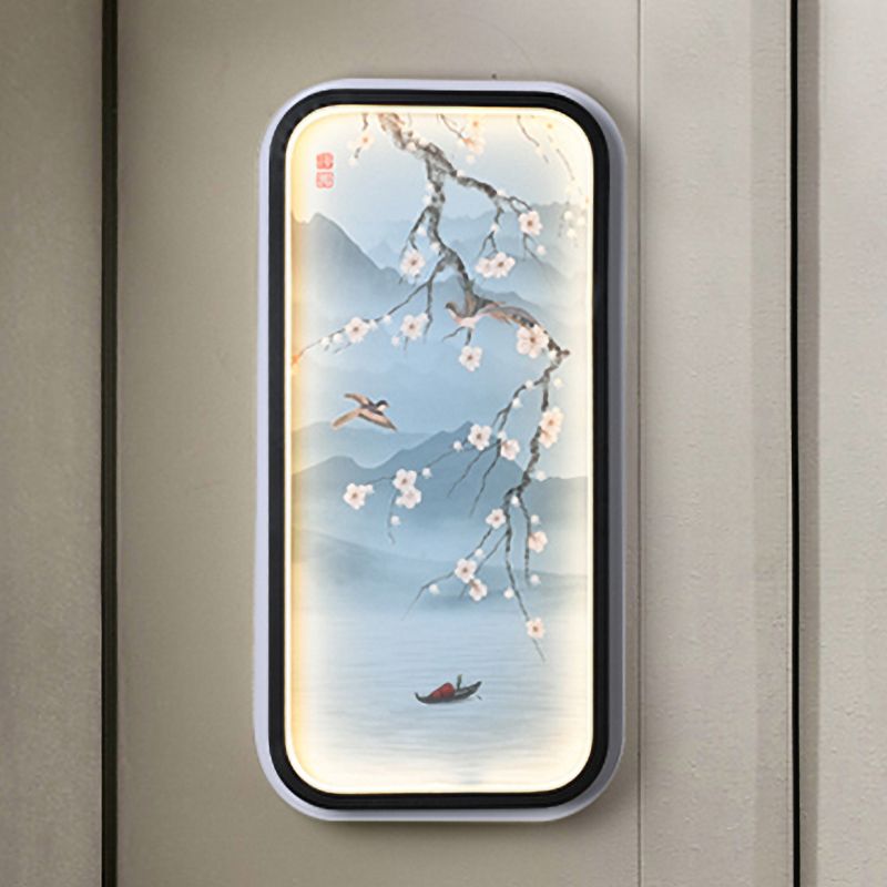 Plum Blossom Living Room Mural Light Fabric Asian Style LED Wall Sconce Lighting in Blue