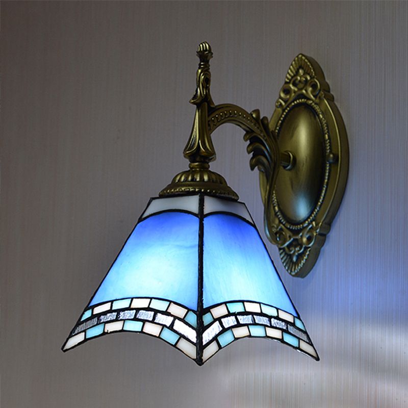 Tiffany Pyramid Sconce Lamp Stained Glass 1 Light Wall Lighting in Green/Blue/Yellow for Bedroom