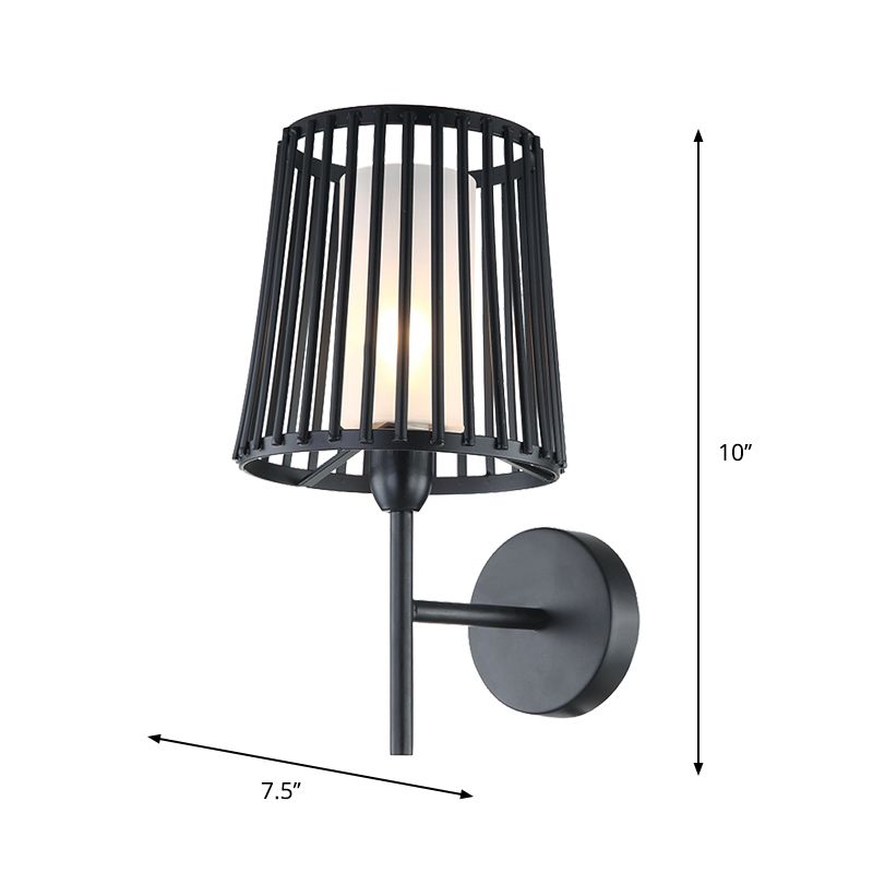 Single Light Wall Mount Lamp Farmhouse Cone Frame Metallic Wall Sconce Lighting with Cylinder Opal Glass Shade in Black