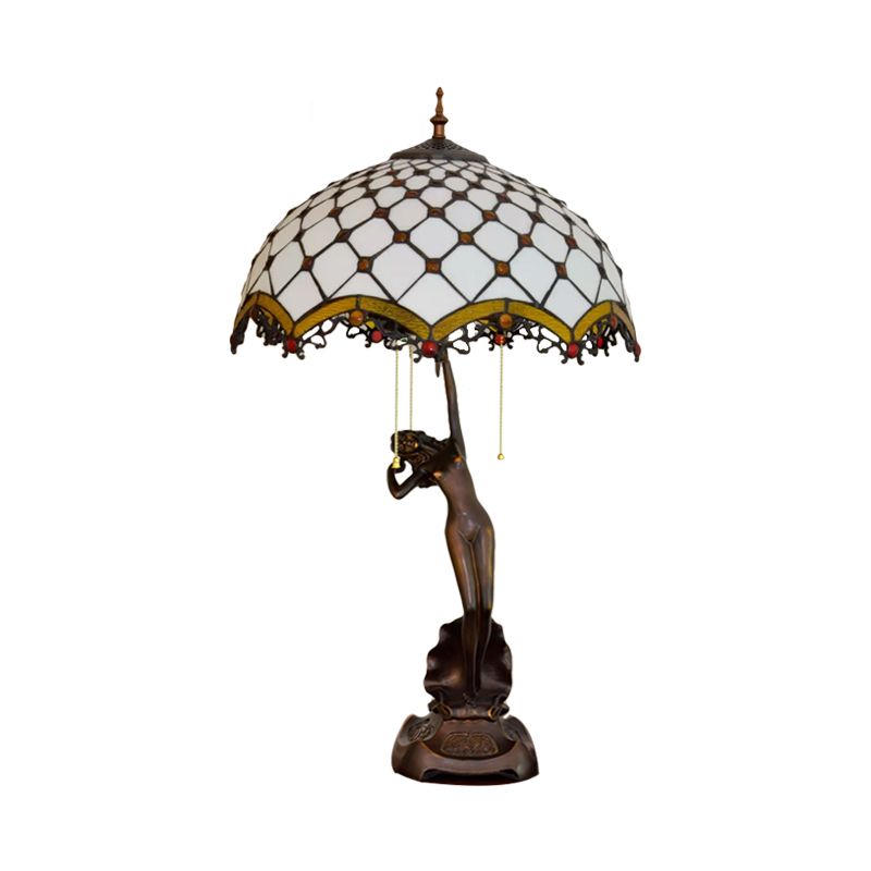 Resin Coffee Pull-Chain Night Stand Light Lady Statue 3-Light Tiffany Table Lamp with Parrot Blue-Brown/Trellis Yellow-White Glass Shade
