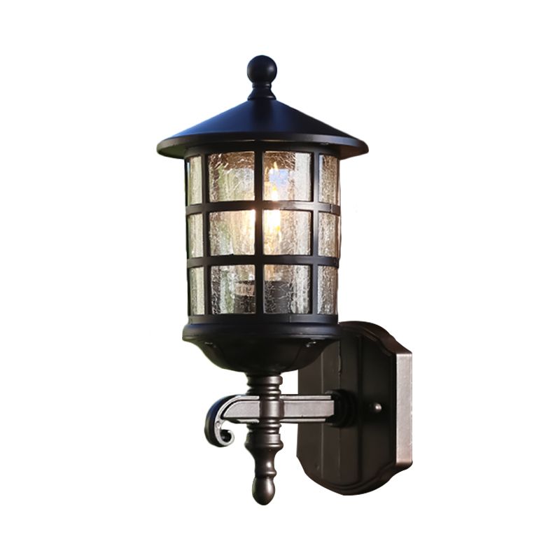 1-Light Wall Lighting Classic Lantern Clear Bubble/Crackle Glass Sconce Light in Dark Coffee for Courtyard