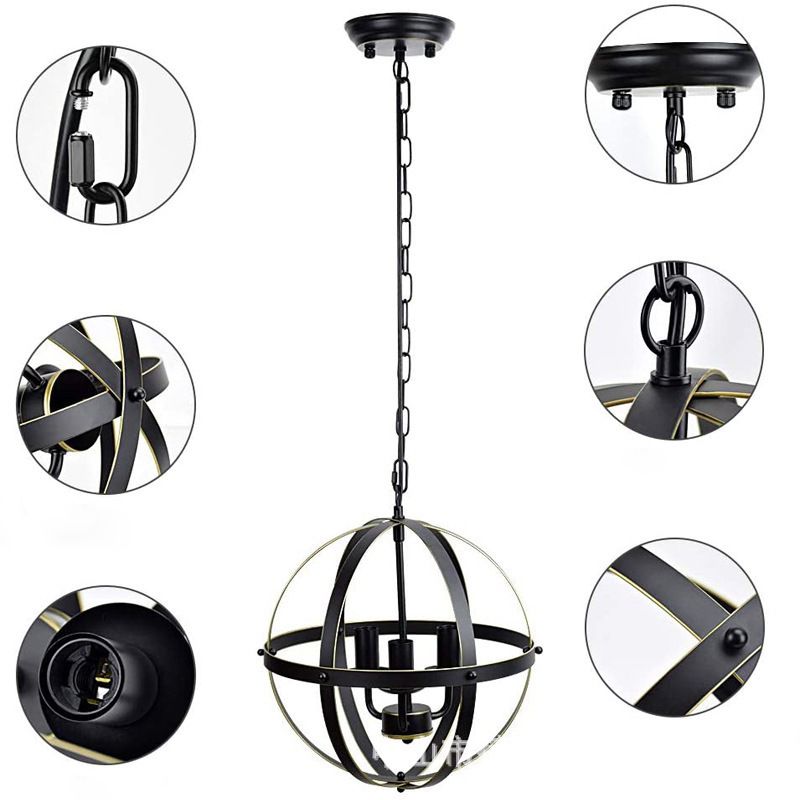 Iluminación colgante de metal de globo negro araña de comedor industrial lámpara colgante