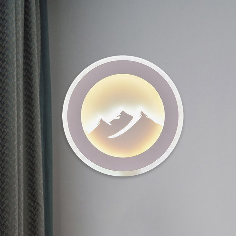 Éclairage mural rond contemporain Fixture de la chambre à coucher à LED Acrylique Lumière avec un motif de montagne en blanc