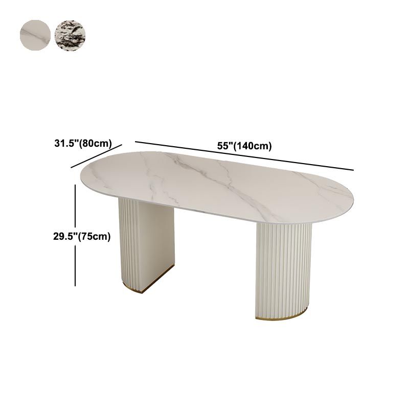 Contemporary Oval Dining Table Stone and Metal Double Pedestal Dining Table in White