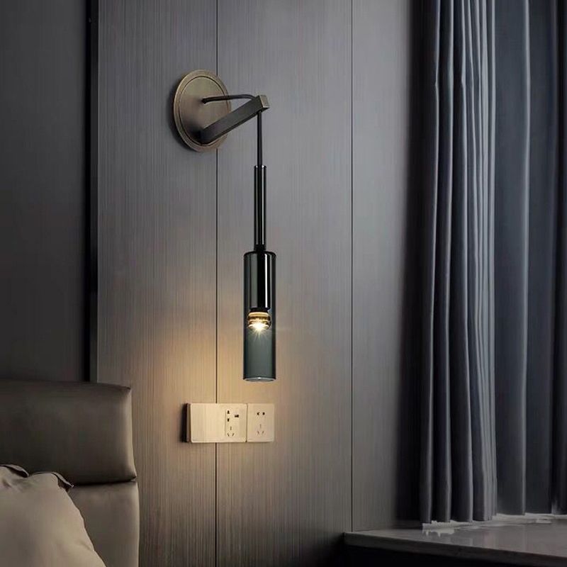 Single Adjustable Wall Sconce Brass and Glass Bottle Shape Wall Fixture in Grey