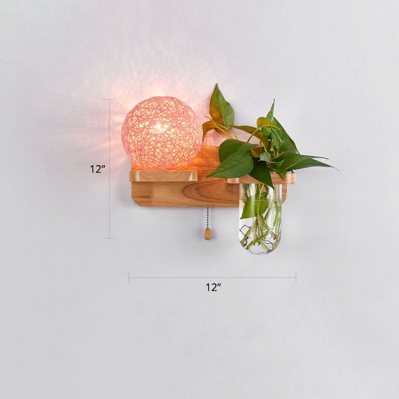 1-Light Rattan Wall Light Fixture Nordic Ball Living Room Sconce Lamp with Pull Chain and Plant Pot