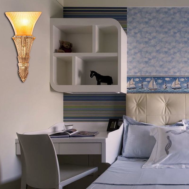 Traditional Flared Wall Mount Light 1 Light Orange Glass and Resin Wall Sconce in Gold for Corridor