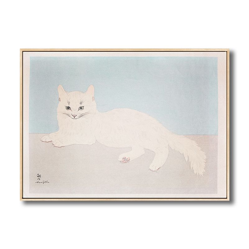 White Cat Wall Art Print Kids Lovely Painting Animal Canvas in Blue for Baby Room