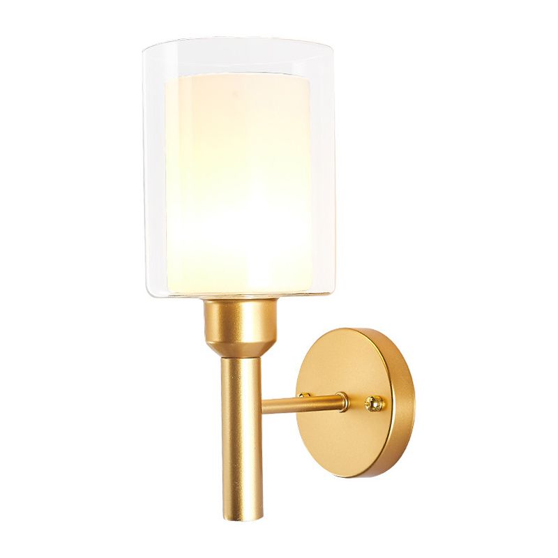 Retro Style Dual Cylinder Wall Light 1 Head Clear and White Glass Wall Sconce Lighting in Gold