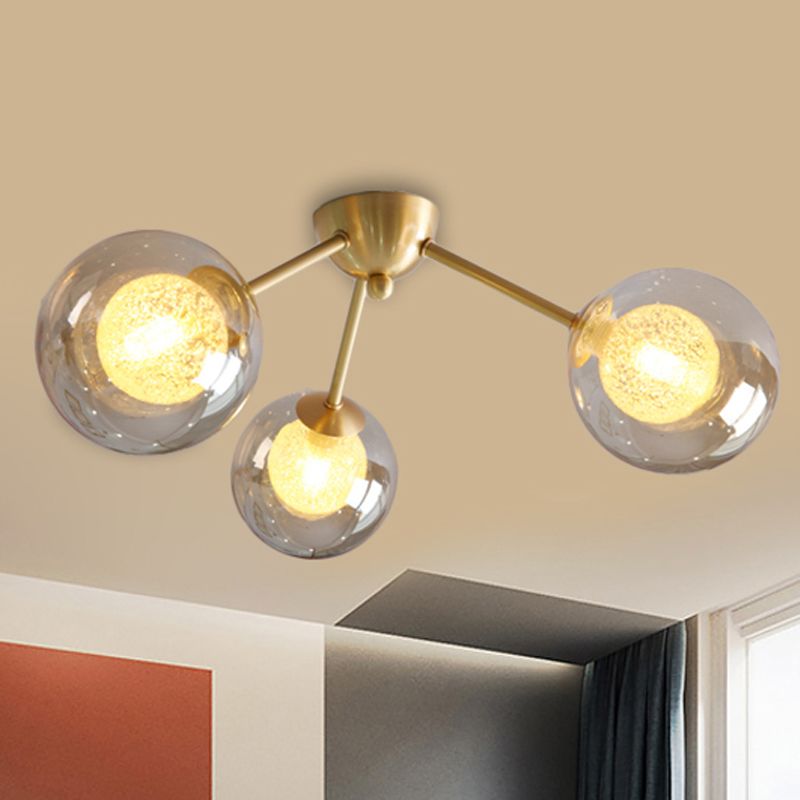 Moderno monte semifulto globale Clear/Amber/Smoke Glass 3/6 Luci a LED camera da letto Light Semi Flush Mount Light in oro