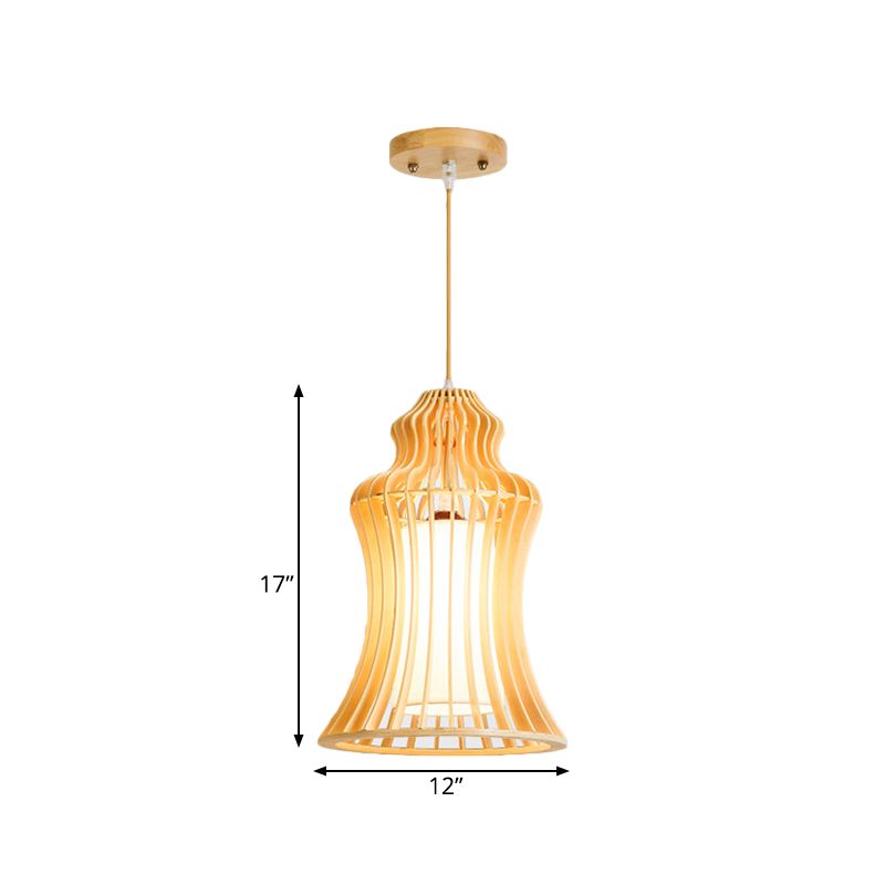 Curvaceous Cage Restaurant Hanging Light Wooden 1 Light Japanese Suspension Pendant with Inner Fabric Shade