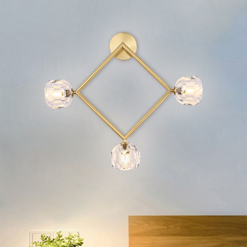 Ring/Square Wall Light Fixture Contemporary 3 Heads Brass Finish Wall Sconce with Modo Clear Crystal Shade