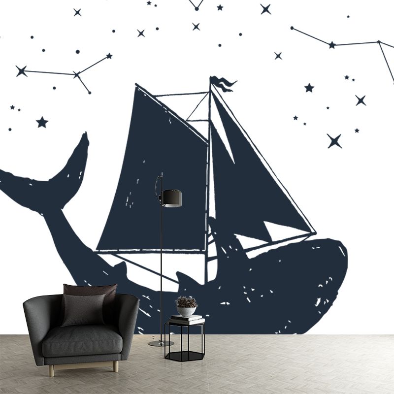 Huge Sailing Whale Mural Wallpaper Modern Fantasy Constellation Wall Decor in Black-White
