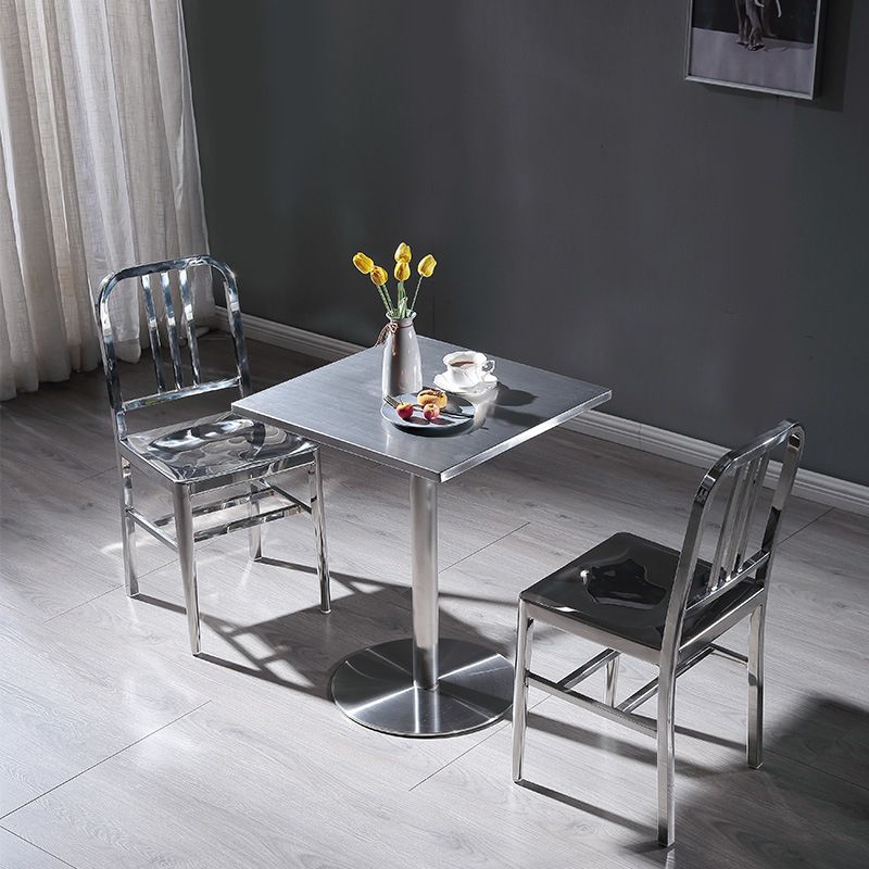 Industrial Square Dining Table Stainless Steel Table with Pedestal Base