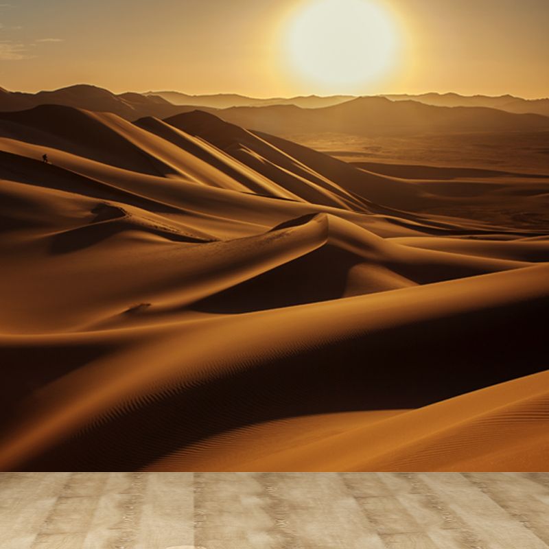 Non-Woven Stain-proof Mural Modern Sand Dunes and Big Sun Landscape Wall Art in Yellow