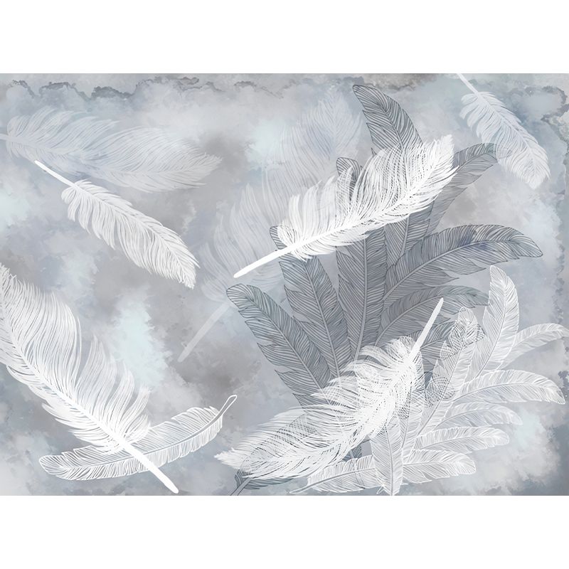 Feather Mural Wallpaper in Pastel Grey, Minimalist Wall Covering for Guest Room Decoration