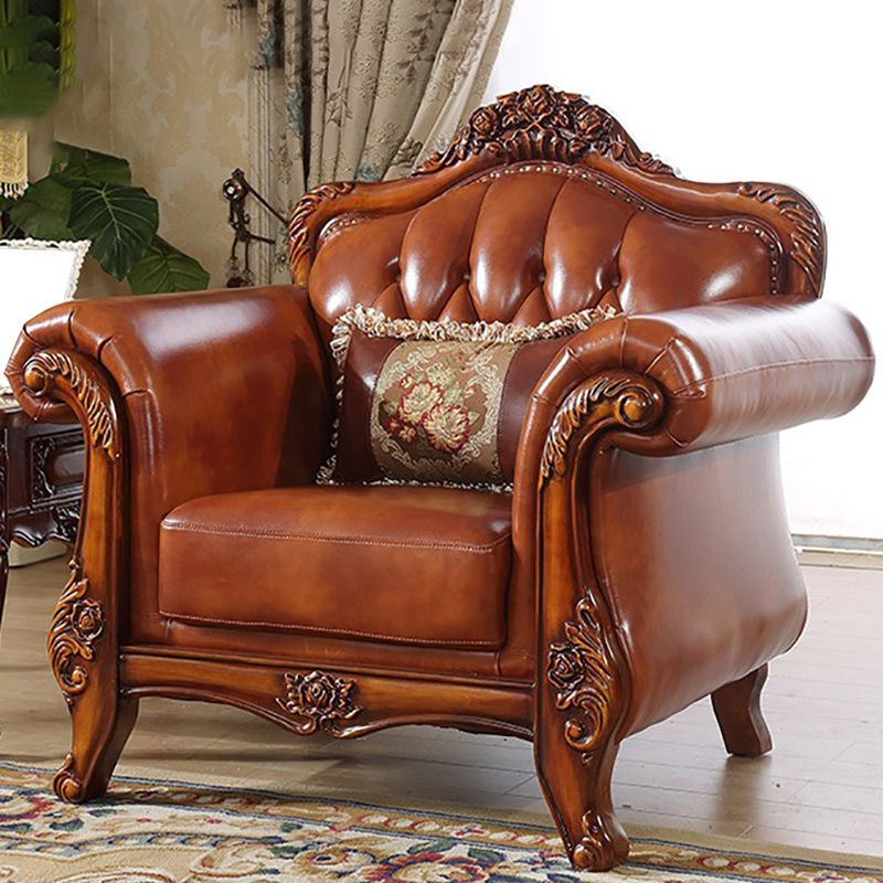 Genuine Leather Tufted Back Sofa Leather Round Arm Sofa in Brown