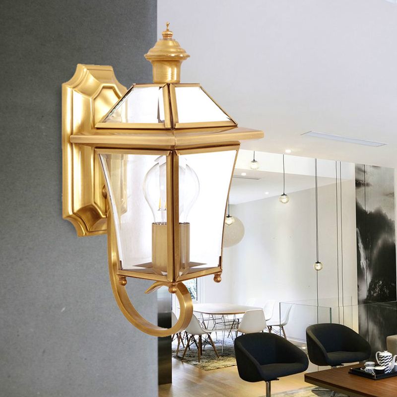 Curved Arm Sconce Light Traditionary Clear/Textured Glass 1 Bulb Wall Mounted Lamp for Balcony