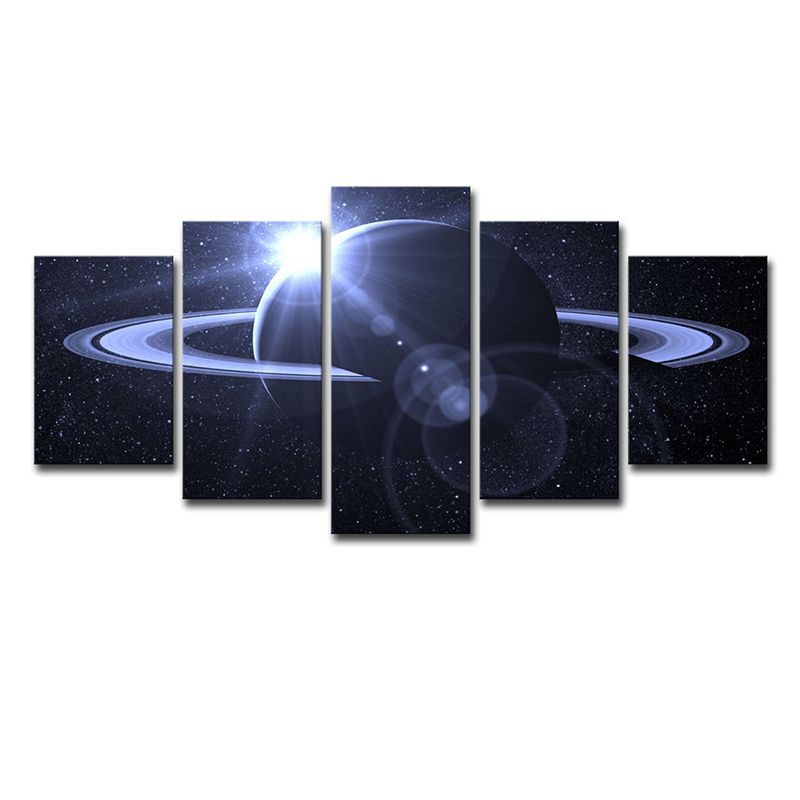 Dark Blue Fictional Wall Art Decor Digital Print Ringed Planet Canvas for Living Room