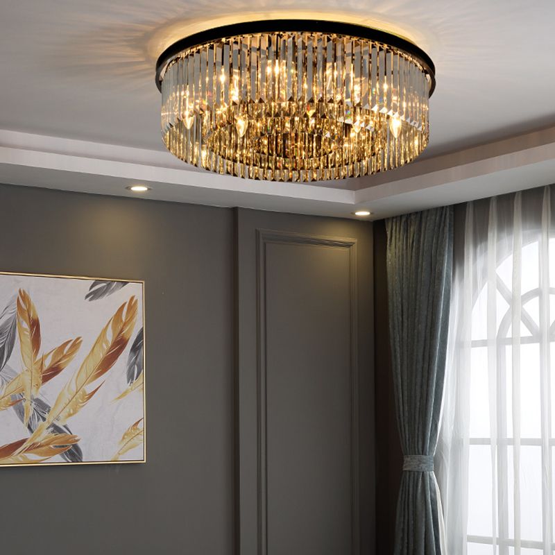 Gray Modern Metal Flush Mount Circle Shape Ceiling Lamp with Crystal Shade for Living Room