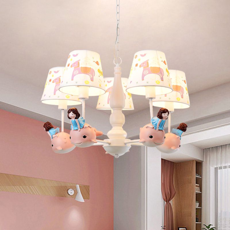 Barrel Hanging Chandelier Cartoon Fabric 5-Head White Finish Radial Pendant Light Kit with Carousel/Fish and Girl Deco