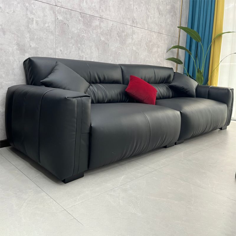 Black Genuine Leather Sofa Mid-Century Modern Square Arm Sofa