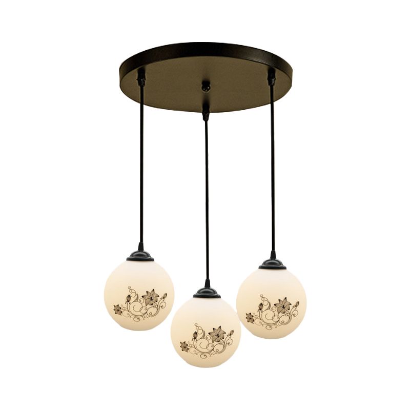 Black Sphere Multi Ceiling Lamp Modernism White Printing Glass 3-Light Dining Room Pendant with Round/Linear Canopy