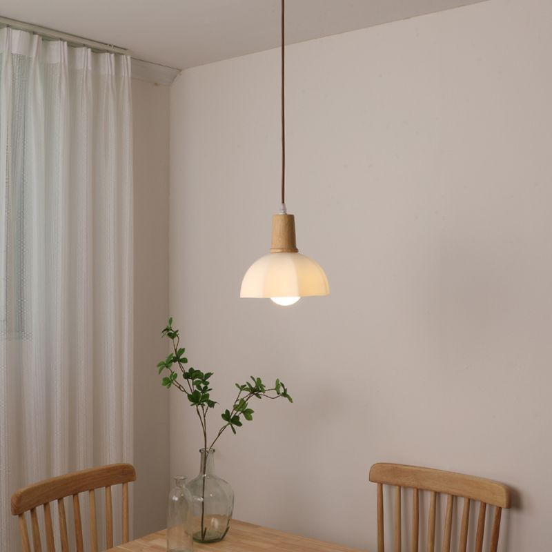 Bowl Shade Dining Room Pendent lampe blanc Verre nordique Style suspendu luminaire en bois
