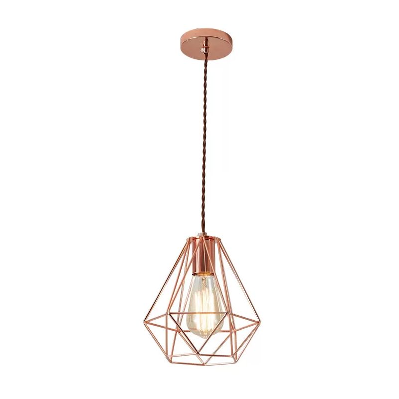 Lámpara colgante de oro rosa de hierro encendida/jaula de diamantes de 1 luces de techo industrial para el dormitorio para el dormitorio