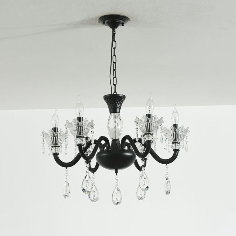 Modernism Curved Arm Suspension Light 6/8-Light Metal Pendant Chandelier in Black with Crystal Droplet