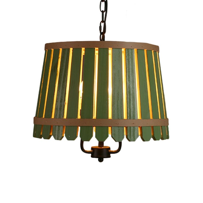 12.5"/16.5" Wide Slatted Chandelier Light Fixture Modern Wooden 3 Lights Blue/Green/Wood Hanging Pendant for Dining Room