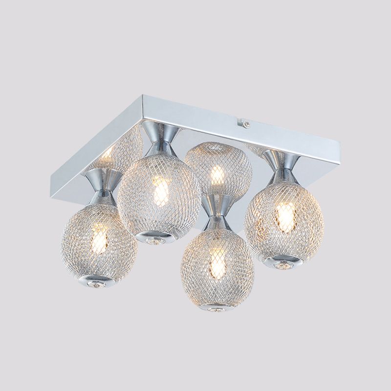 Chrome Finish Kugel Flushmount Modernist 4 Bulbs Metall Mesh LED Flush Beleuchtung mit Square Canopy
