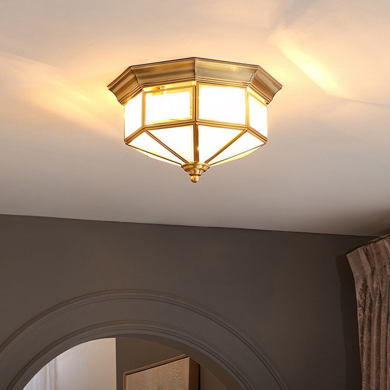 Brass Geometric Ceiling Fixture Traditional Frosted Glass Flush Mount for Corridor