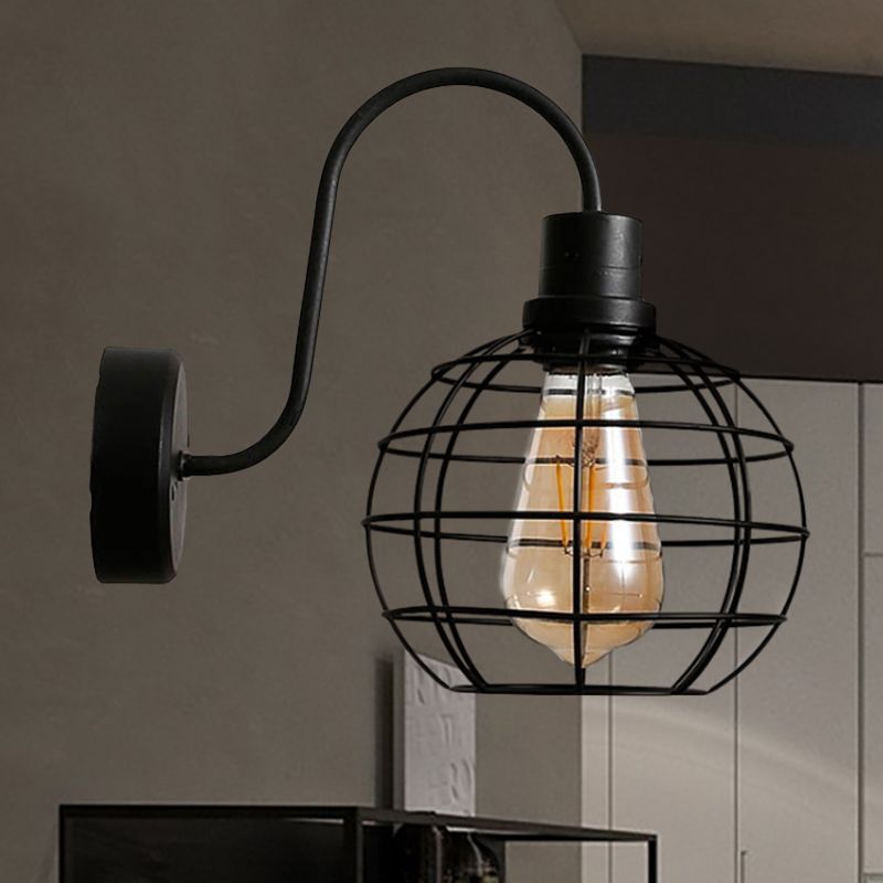1 Bulb Sconce Lamp Retro Style Wire Global Cage Metal Wall Sconce Light in Black for Living Room
