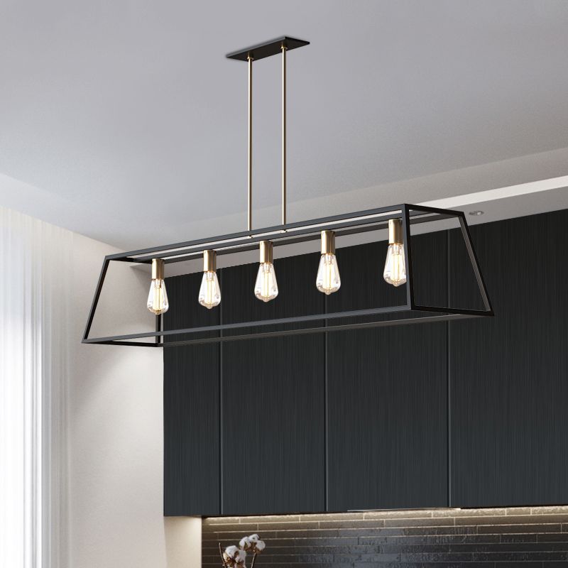 5 Bulbs Metal Island Light Fixture Industrial Black Trapezoid Dining Room Ceiling Suspension Lamp
