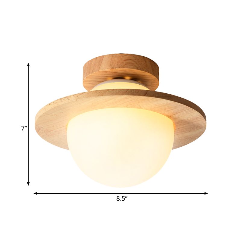 Small Sphere Corridor Ceiling Fixture Opal Frosted Glass Single Simple Semi Flush Mounted Lamp with Wood Banding Belt