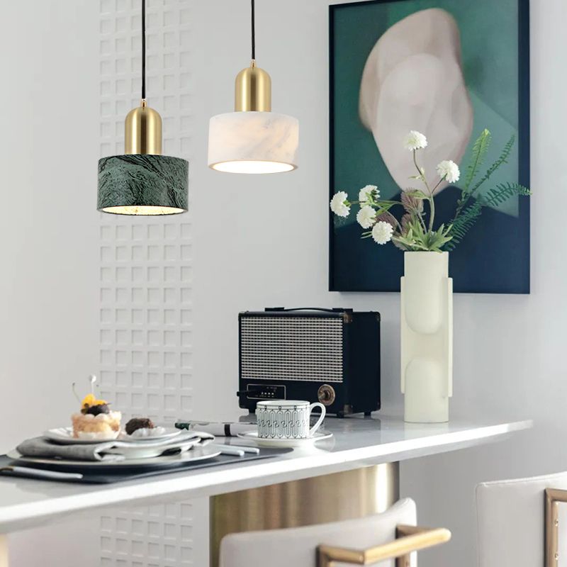 Drum Hanging Light Fixture Modern 1-Light Suspension Lamp with Stone Shade for Restaurant