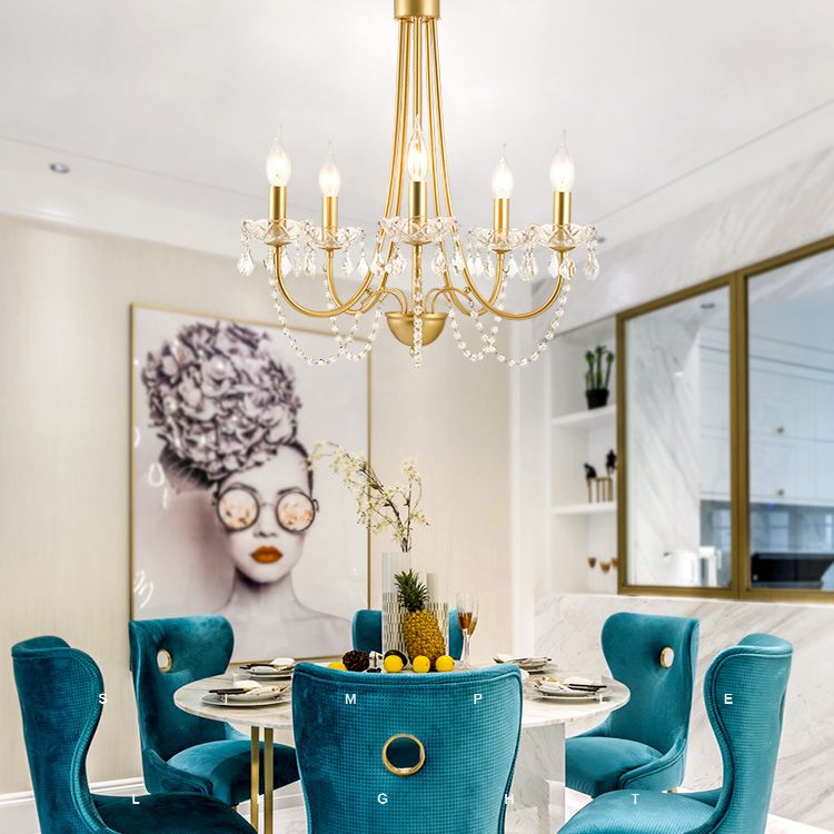 Candle Suspended Lighting Fixture American Style Multi-Head Hanging Pendant Lights with Crystal Bead