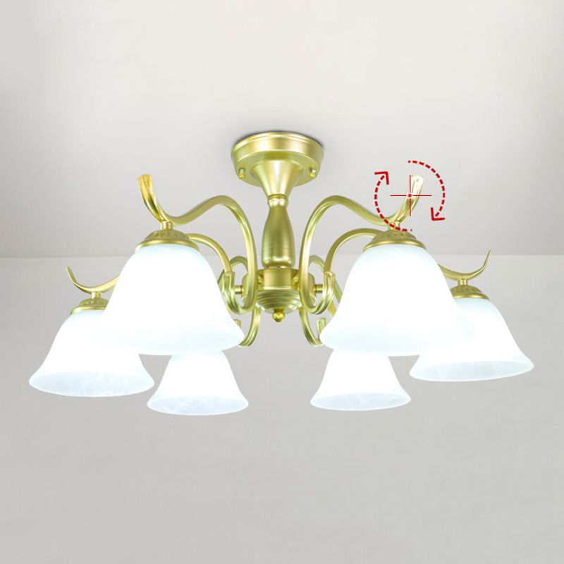 Gold Semi Flush Lamp Traditional Multi-Head Bedroom Ceiling Lighting with Glass Shade
