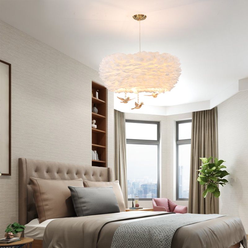 Feather Nest Shaped Chandelier Minimalism Pendant Light Fixture with Crystal Bird Decor