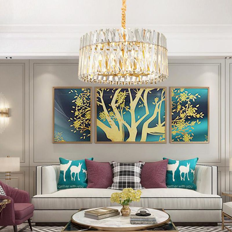 Round Tri-Sided Crystal Rod Hanging Light Fixture Postmodern 8/10 Lights Gold Chandelier Lamp