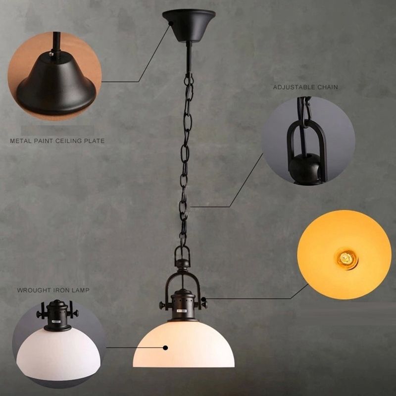 Wrought Iron Single Hanging Light in Industrial Retro Style Dome Glass Ceiling Light for Dining Room