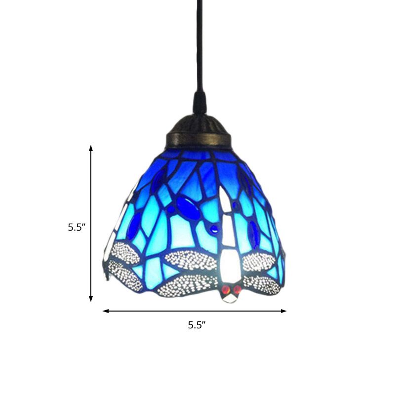 Traditional Classic Dragonfly Hanging Light Stained Glass 1 Head Blue Small Pendant Light for Bar